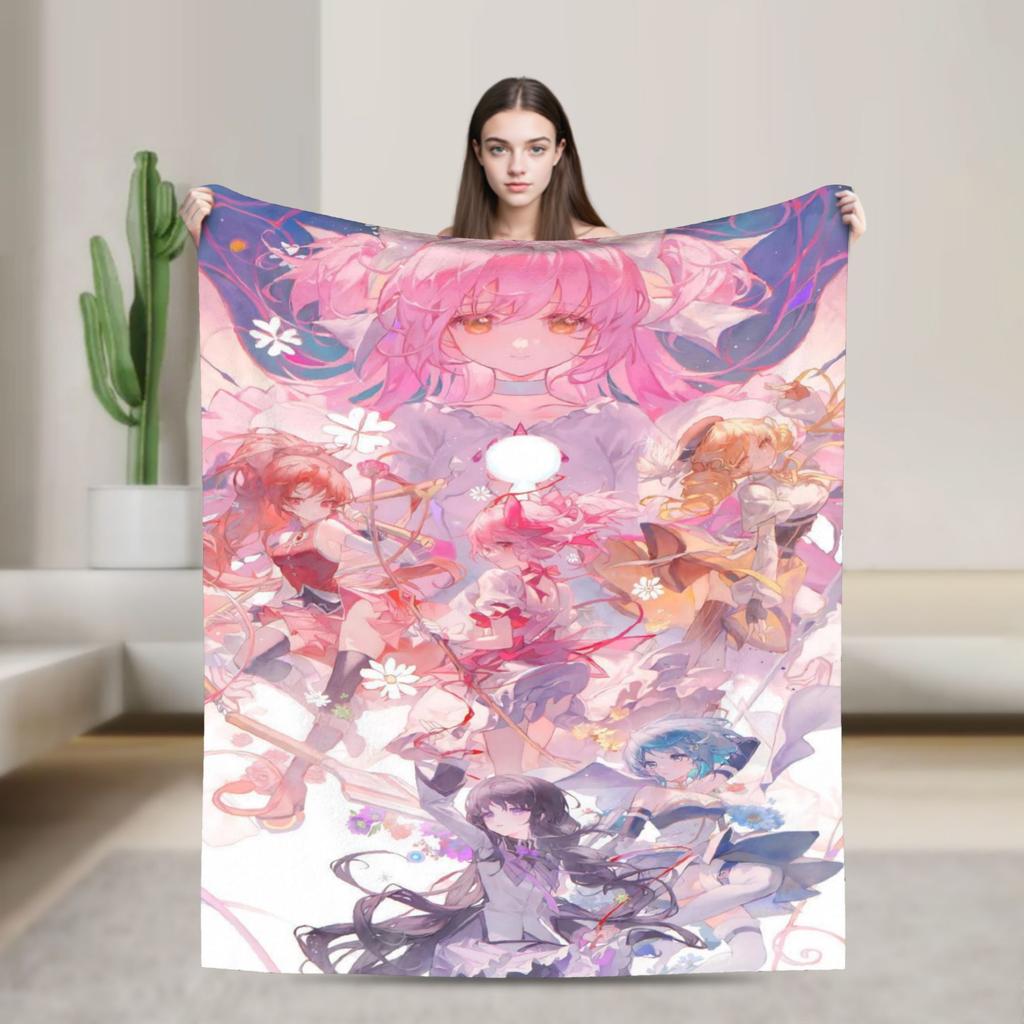 Anime Puella Magi Madoka Magica Flannel Blanket Comic Novelty Throw Blanket for Home 150*125cm Bedspread