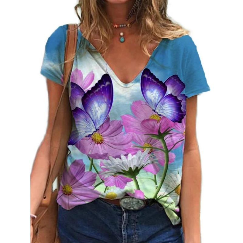 Summer V-neck 3D Mother's Day Alphabet Flower Printed Top Fashionable Casual Short Sleeved Women's T-shirts