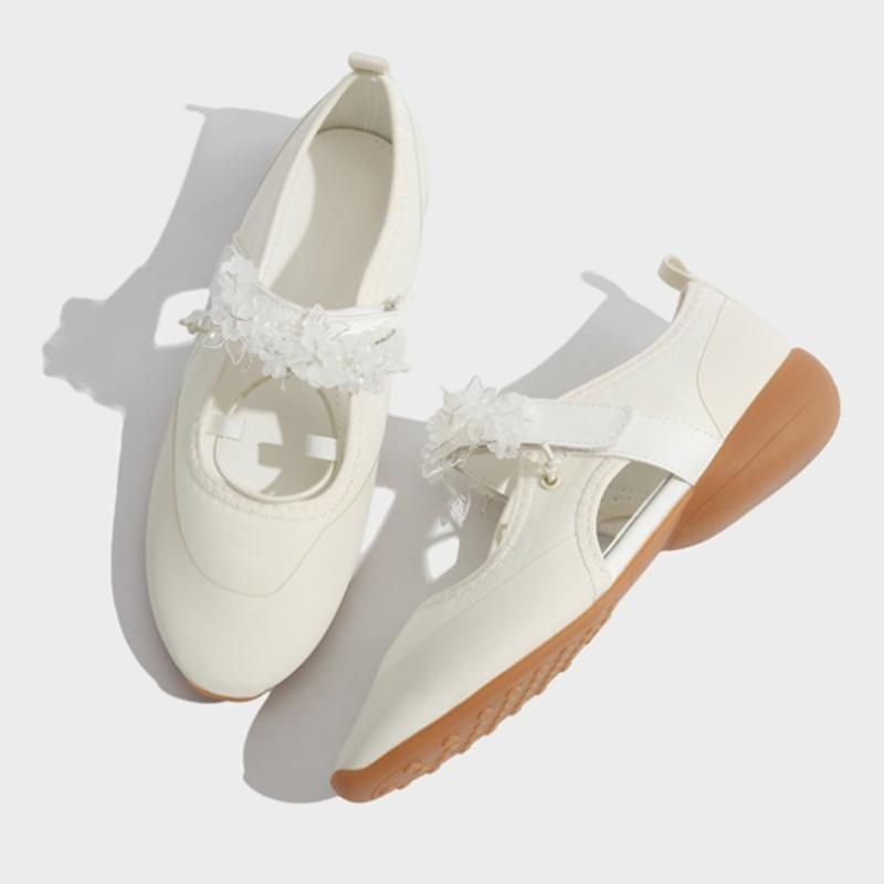 Fashion Fashion Crystal String Bead Flower Decoration Ballet Flats Women Cozy Round Toe Patchwork Design Mary Jane Shoes Outdoor Sneaker