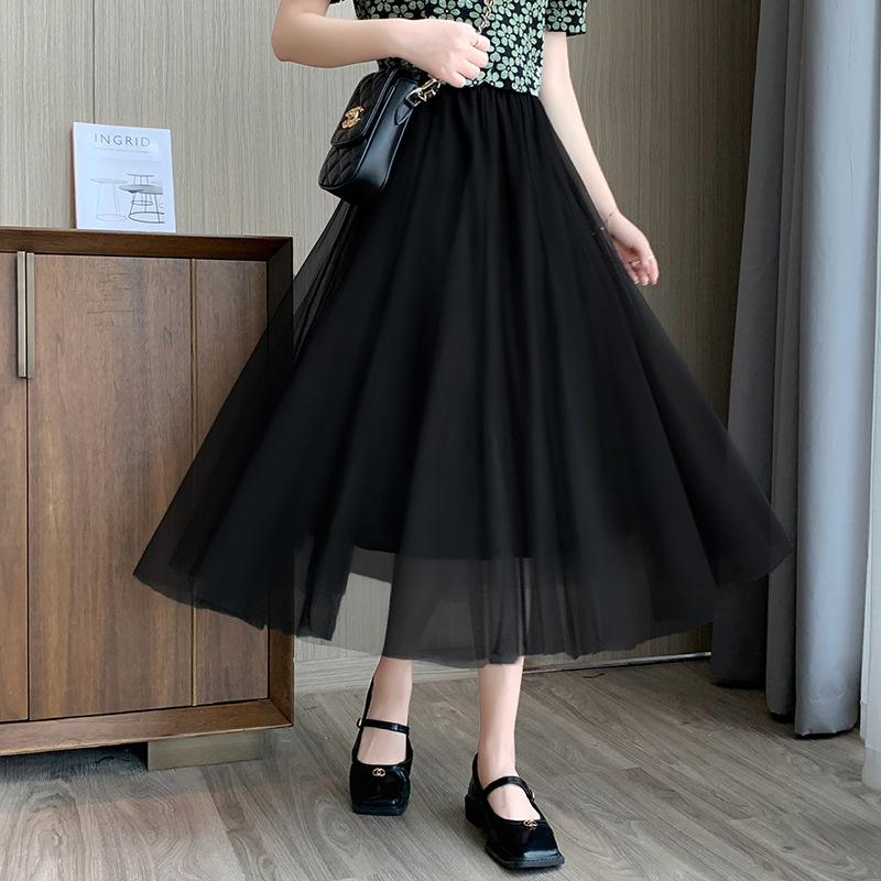 Mesh Skirt for Spring and Summer New Women's High Waist Mid-length Elastic Waist A-line Skirt Princess Long Skirt