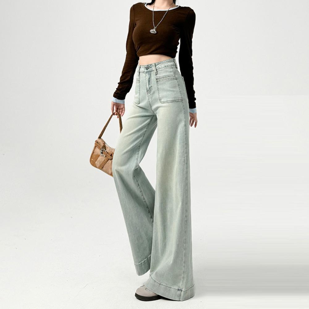 Lazy Korean version of casual straight jeans women's spring and autumn new high-waisted thin loose wide-leg jeans