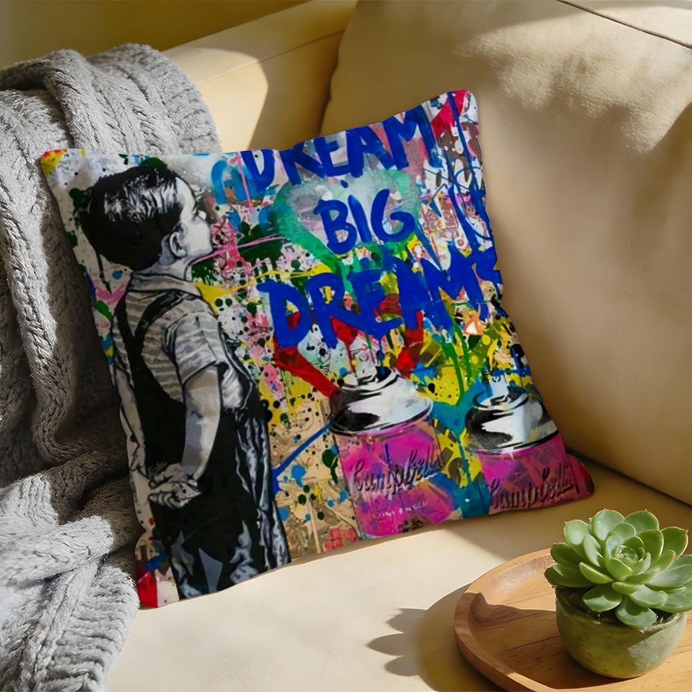 Cushion Cover Washed Linen Soft Breathable Decorative Case for Sofa Home Pillow Cover Banksy Street Graffiti Art