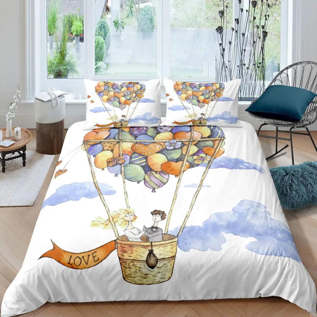 Airplane Cartoon Aircraft Duvet Cover For Boys Teens Air Balloon Aviation Parachute Blue Cloud Sky Seagull Nautical Birds