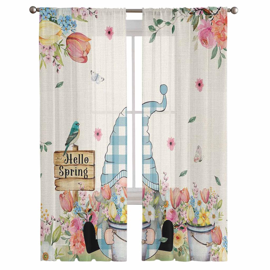 Frühlingsblumen Wichtel Transparente Fenstervorhänge für Wohnzimmer Küche Kinderzimmer Voile Hängevorhang