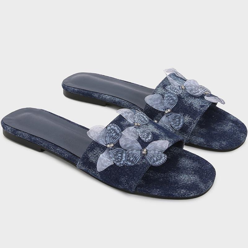 Fashion Denim Butterfly Decoration Flat Sandal Round Toe Open Toe Designer Slippers Summer Fashion Comfortable Big Size Beach Women Shoe