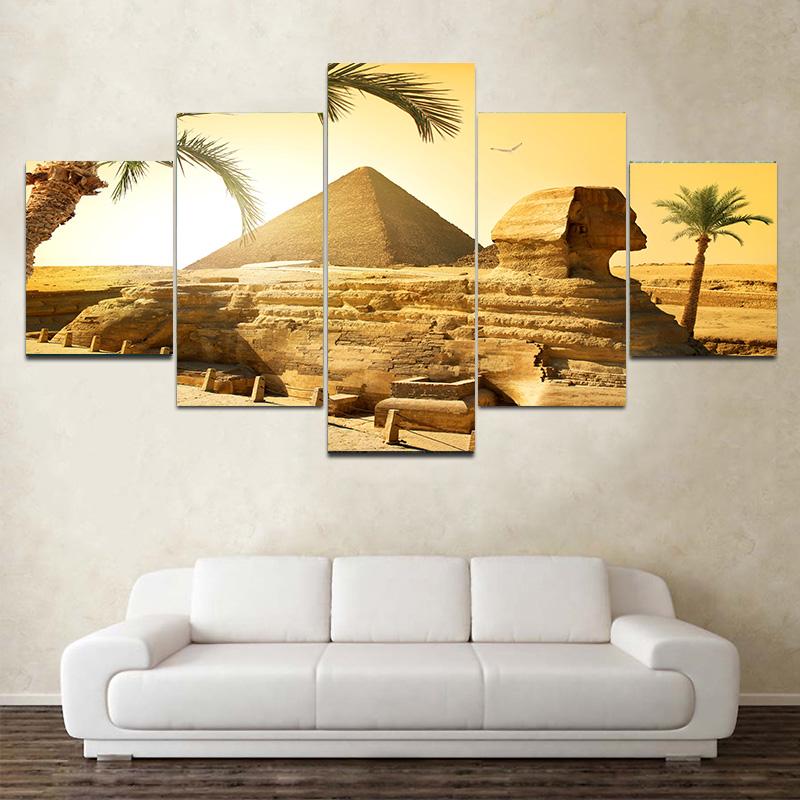 5 Stück Ägypten Pyramide und Sphinx Modulare Leinwand Malerei Landschaft Poster und Drucke Bilder für Wohnzimmer Dekor kein Rahmen