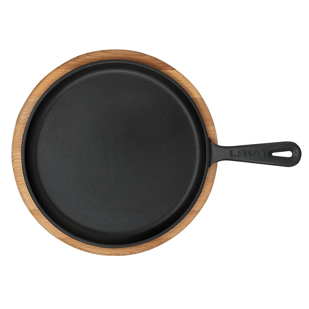 Lava Cast Iron Round Crepe Pan. Long-Stem, With Wooden Platter Dia. Ø 26cm.