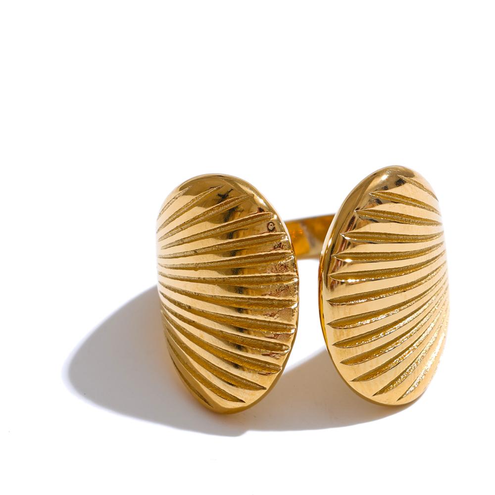 Yhpup High Quality Stainless Steel Metal Shell Stripe Geometric Open Adjustable Ring Texture Fashion Summer Holiday Jewelry