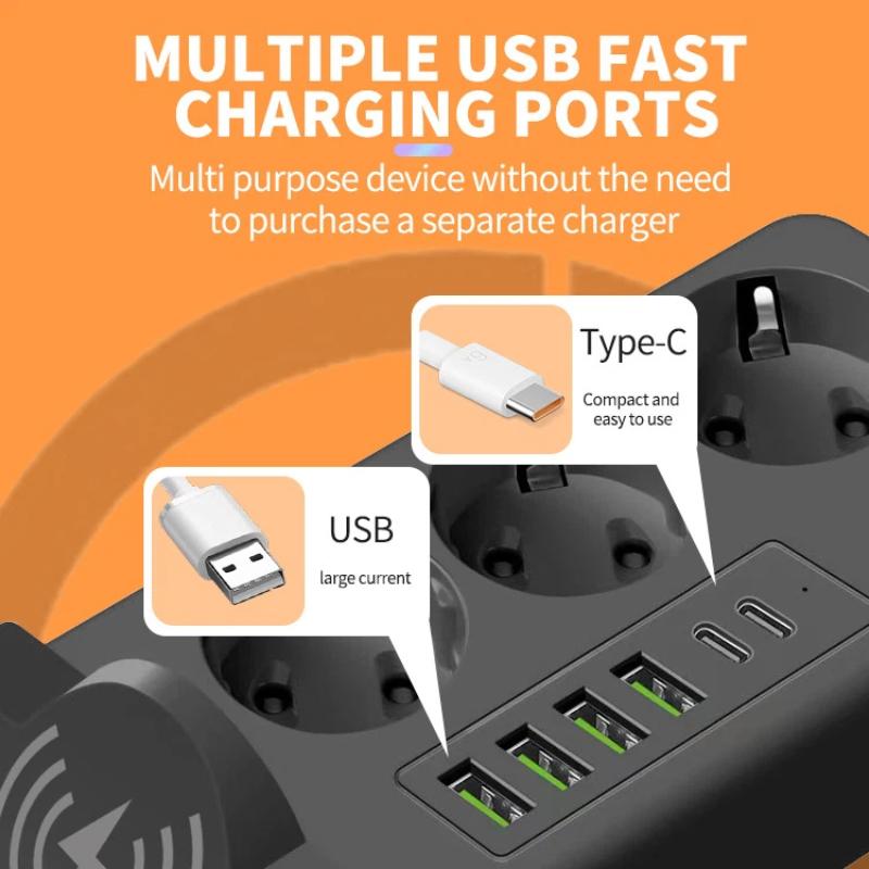 EU To EU Power Station – Multi-Outlet USB PD Strip with Built-in Charging Pad