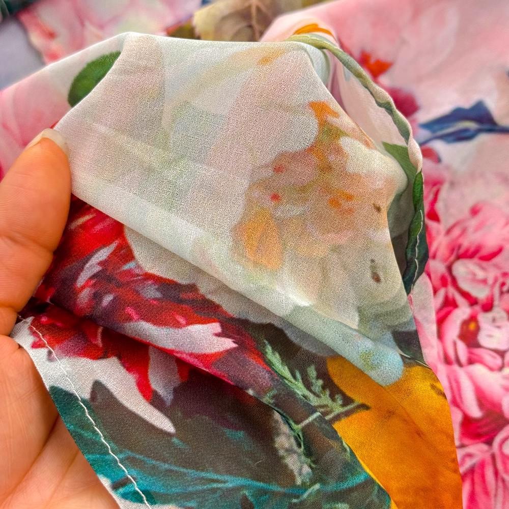 New 2024 Summer Gorgeous Flower Print Chiffon Holiday Long Dress Boho Women's Sexy Deep V Neck Sleeveless Ruffles Buttons Robe