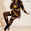 Women Plus Size Two Piece Outfit Half Zip Neck Long Sleeve Black Gold Swirl Printed Longline Top Fitted Pants