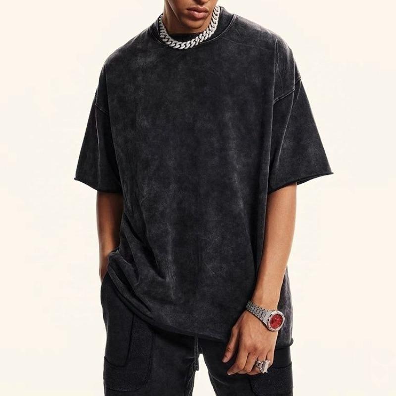 

American Aged Batik Retro Washed Pure Cotton Solid Color T-shirt, Summer Men s and Women s Trendy Brand Loose Half-sleeve S