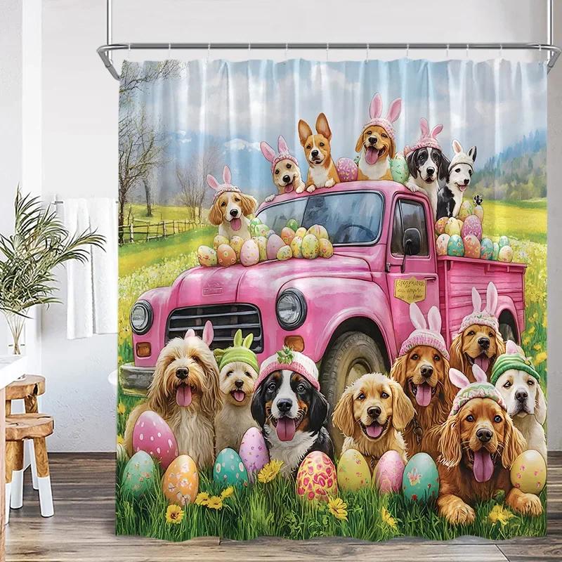 Funny Easter Shower Curtains Cute Bunny Pink Farm Truck Dogs Watercolour Floral Rabbit Eggs Bathroom Curtain Decor With Hooks