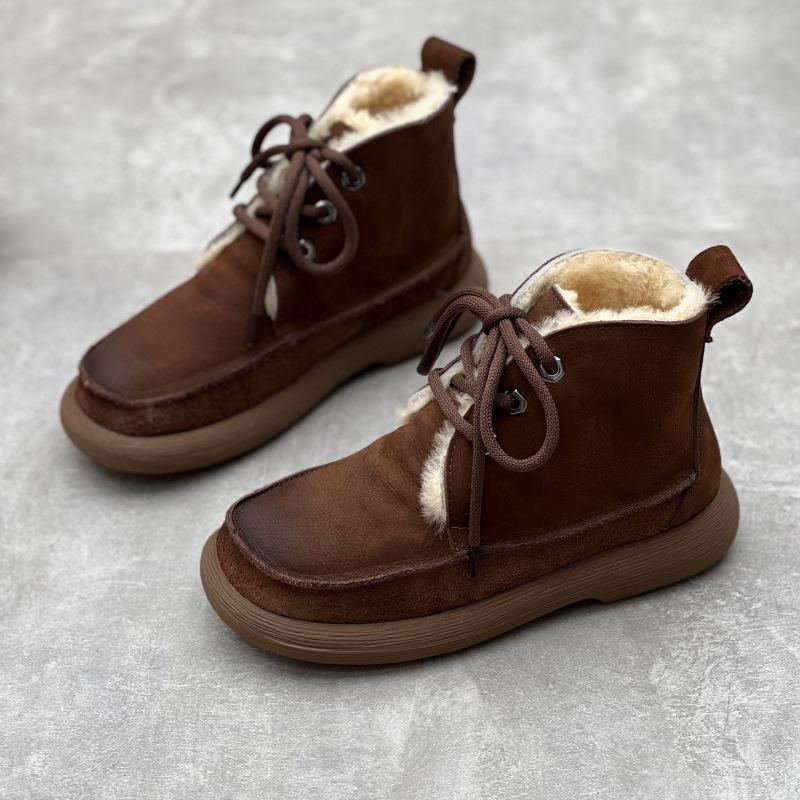 Johnature Cizme scurte din piele naturală de epocă Cizme de bumbac de damă din piele de vacă îngroșată, cu șireturi, cu vârf rotund