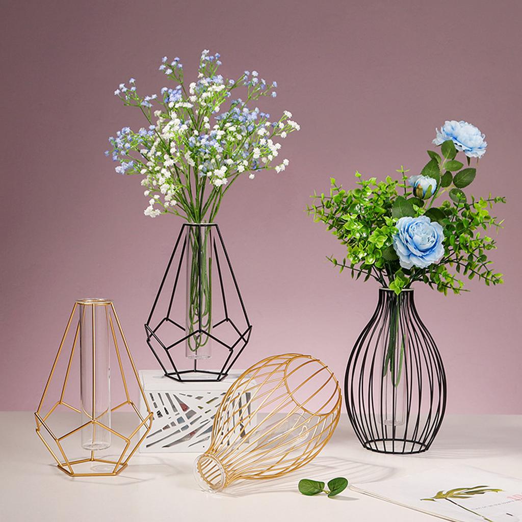 Metal Frame Vase with Clear Glass Tube Hydroponic Container for Desk Decoration