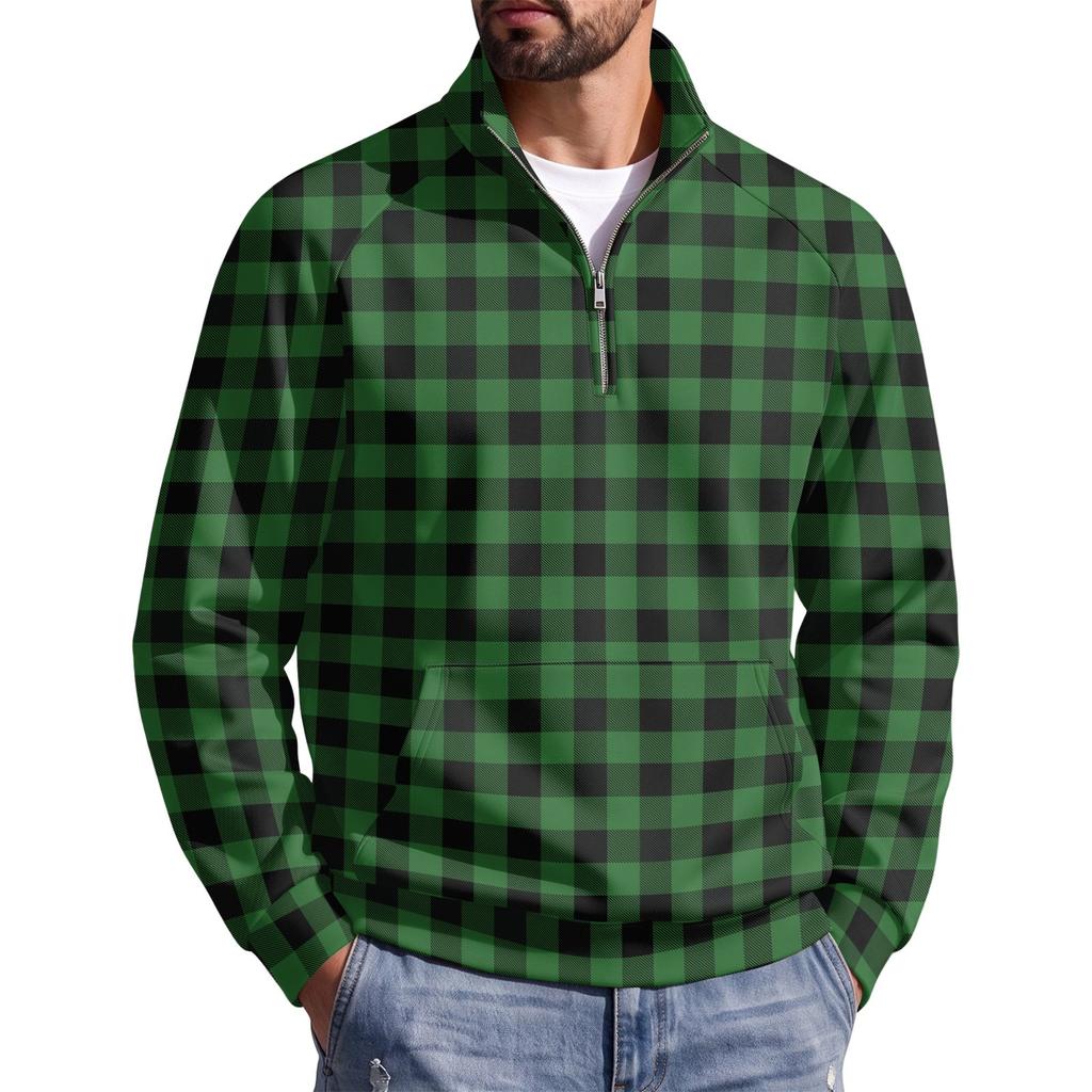 Men's Fall Winter Plaid Print Zip-Up Stand Collar Pullover Casual Wrinkle- Athletic Top