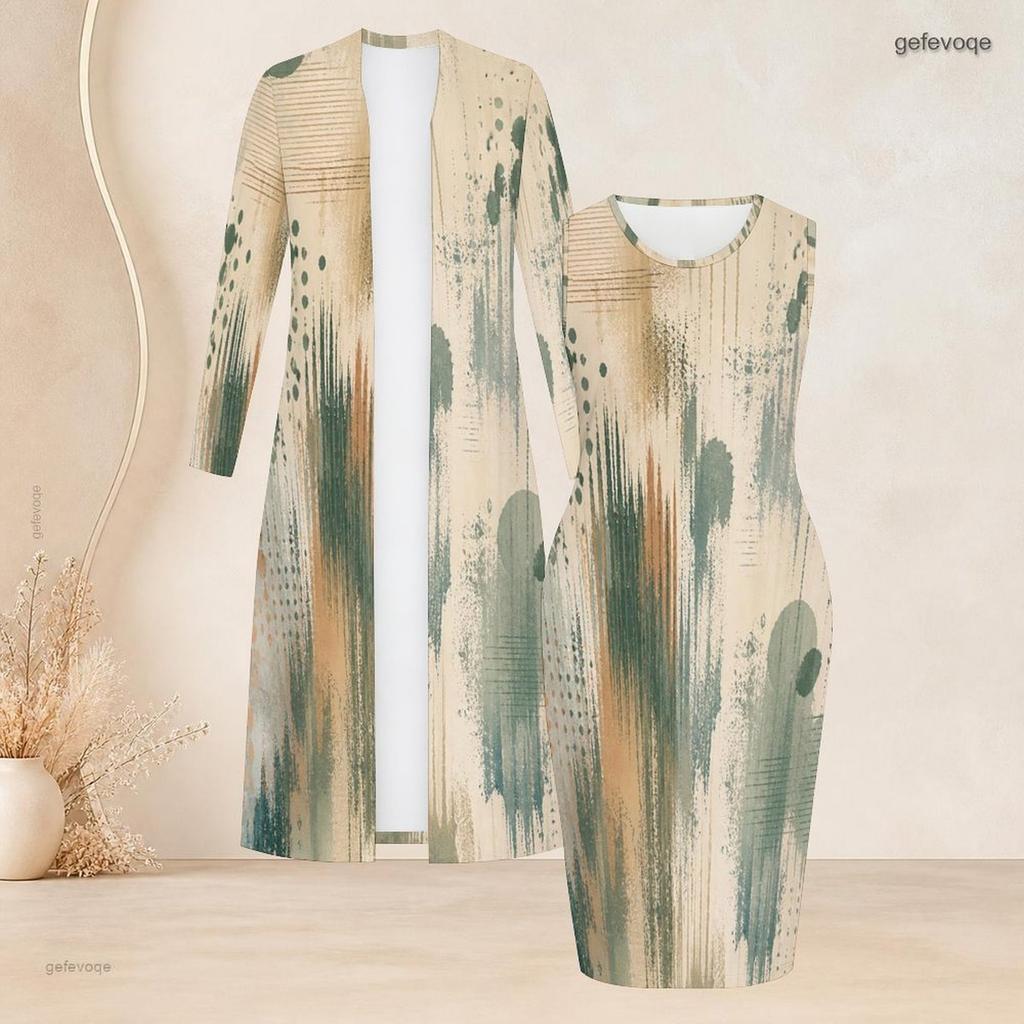Women Plus Size Printed Two Piece Set Long Sleeve Open Front Cardigan Sleeveless Bodycon Dress