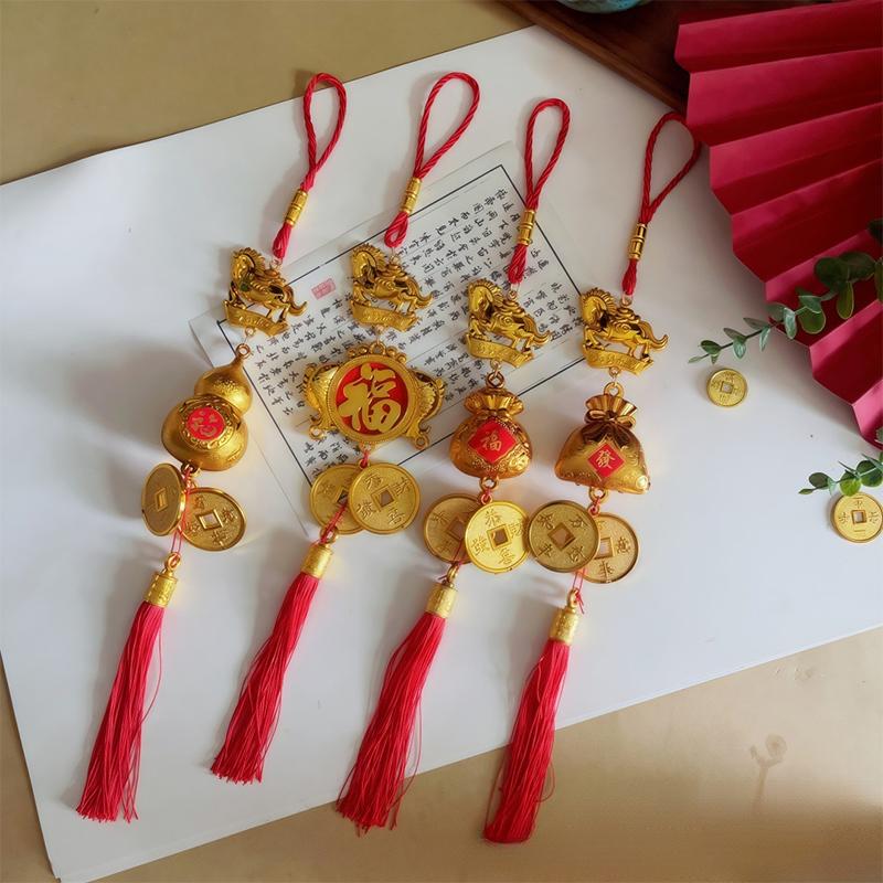 Chinese New Year Gold Color Plastic Horse Pendant Long Red Tassel Ornaments For Car Home Decor Lucky Charm Hanging Decoration