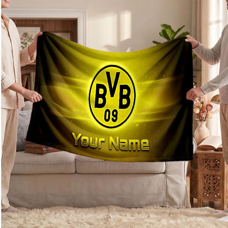 Borussia Dortmund Personalized Fleece Blanket With Football Logo, Custom Name Text Soft Warm Home Throw Blanket