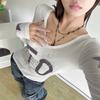 New Women's Solid Color Slim Fit Street Fashion V-neck Printed Long Sleeved Top for Women