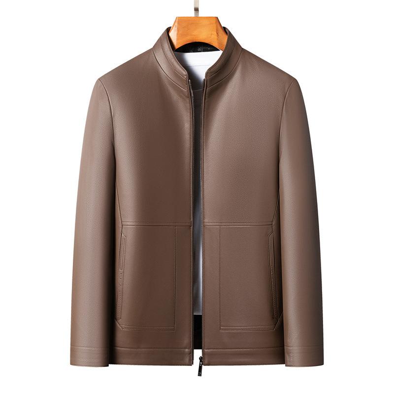 

Высококачественная мужская кожаная куртка с воротником-стойкой из натуральной кожи, овчина, кожаная куртка для папы среднего возраста, на осень и зиму, новая, повседневная, деловая 195