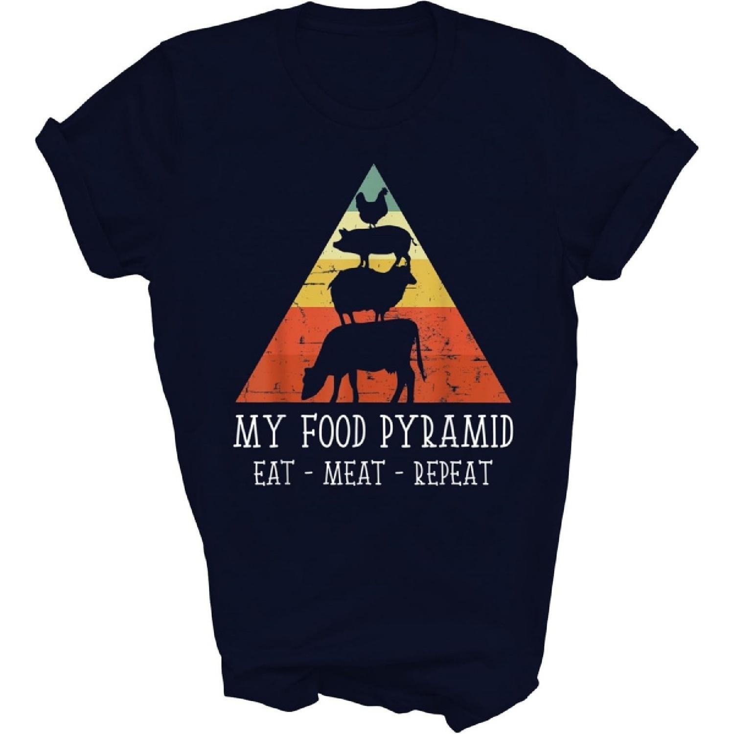 Vintage My Food Pyramid Eat Meat Repeat BBQ Lover BBQ Chef Unisex Shirt Gift Women Men T-Shirt (Navy;L) S