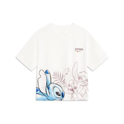 Li Ning X Disney Collaboration Stitch Cartoon Print Loose Short Sleeve T-Shirt Women Tops Off-White AHST498-1