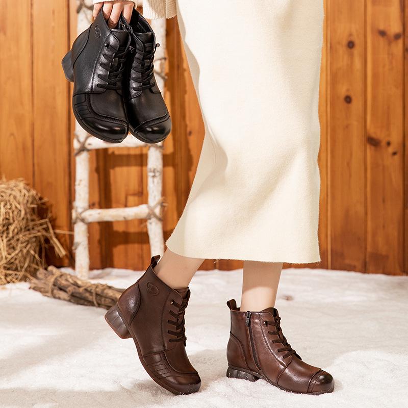 Women's Retro Genuine Leather Ankle Boots, Winter 2025 - Fleece-lined, Soft Sole, Non-slip, Wool Interior, Warm Snow Boots