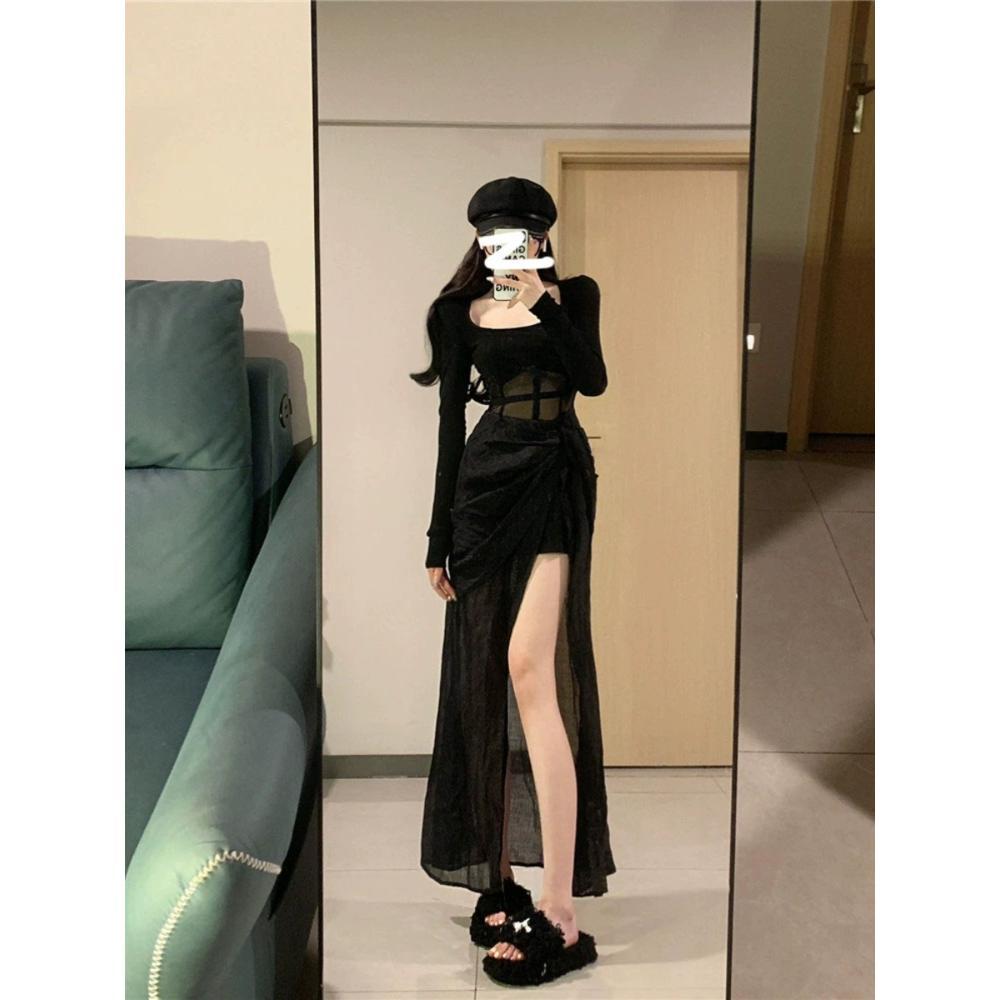 Niche Black Mesh Splicing Split Fork, Waist and Thin Temperament Elegant Romantic Versatile Casual Dress