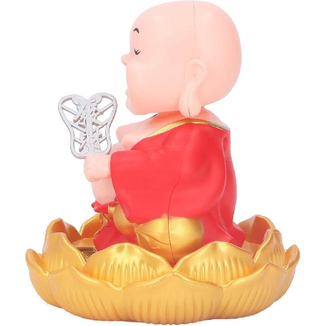 Walfront Solar Powered Figurine Nodding Smiling Buddha Maitreya Solar Buddha Statue Toy Little Monk Figurine Desktop Ornaments (Red)