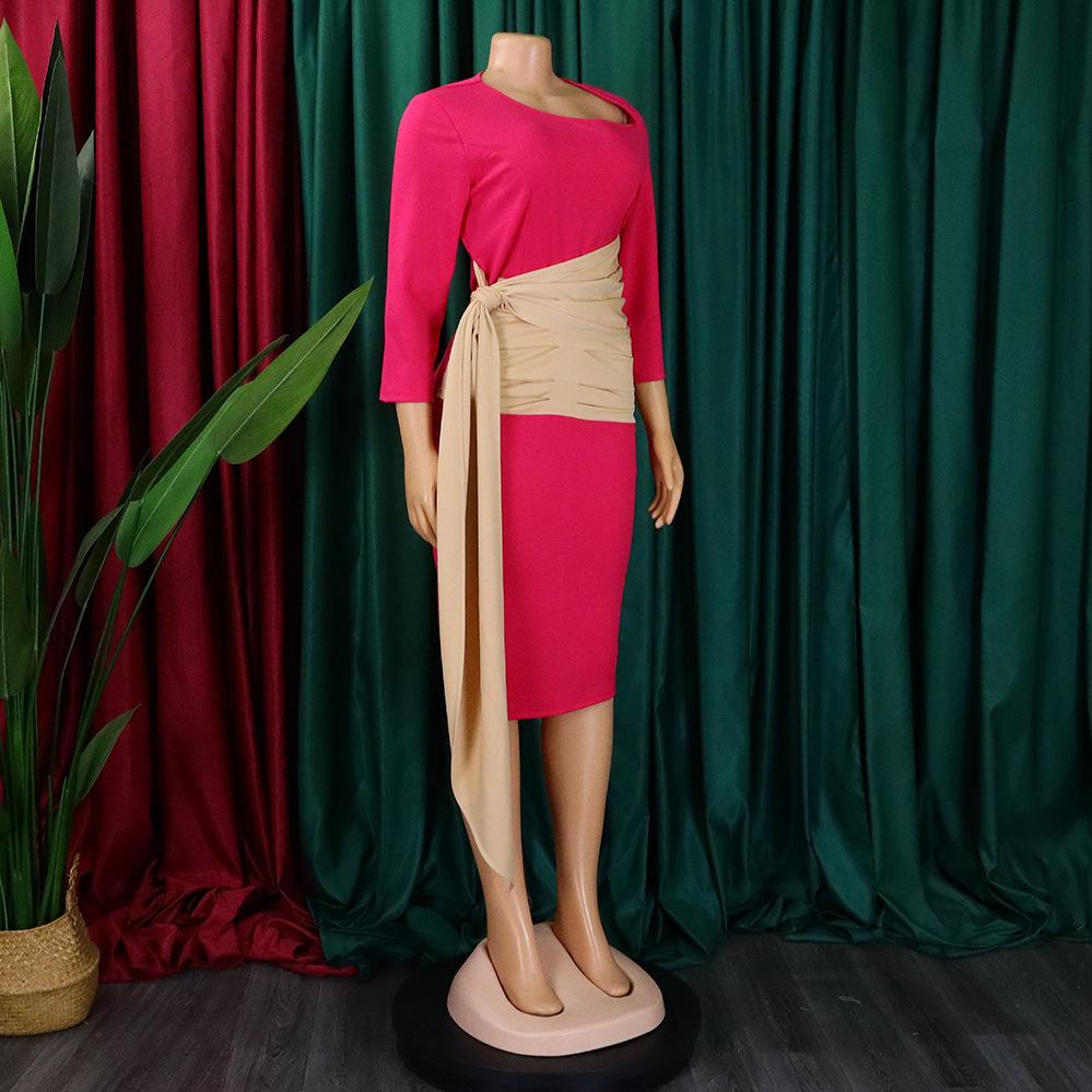 Large Size Women Fashion Patchwork Mid Sleeves Business Dress Ladies Elegant One Piece Skew Collar Sheath Dress