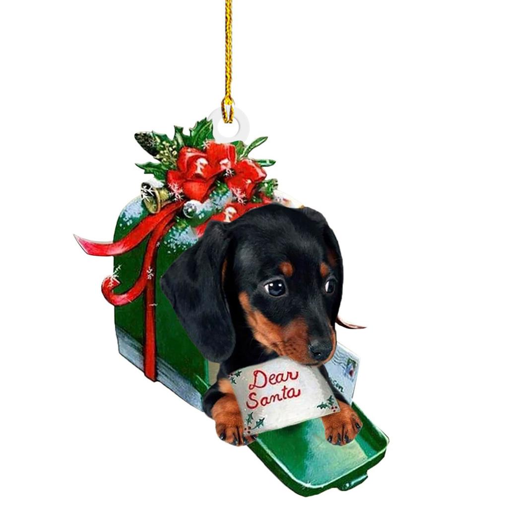 Festival Dachshund Hanging Charm Acrylic Christmas Tree and Car Interior Decoration Decorative Pendant for Indoor