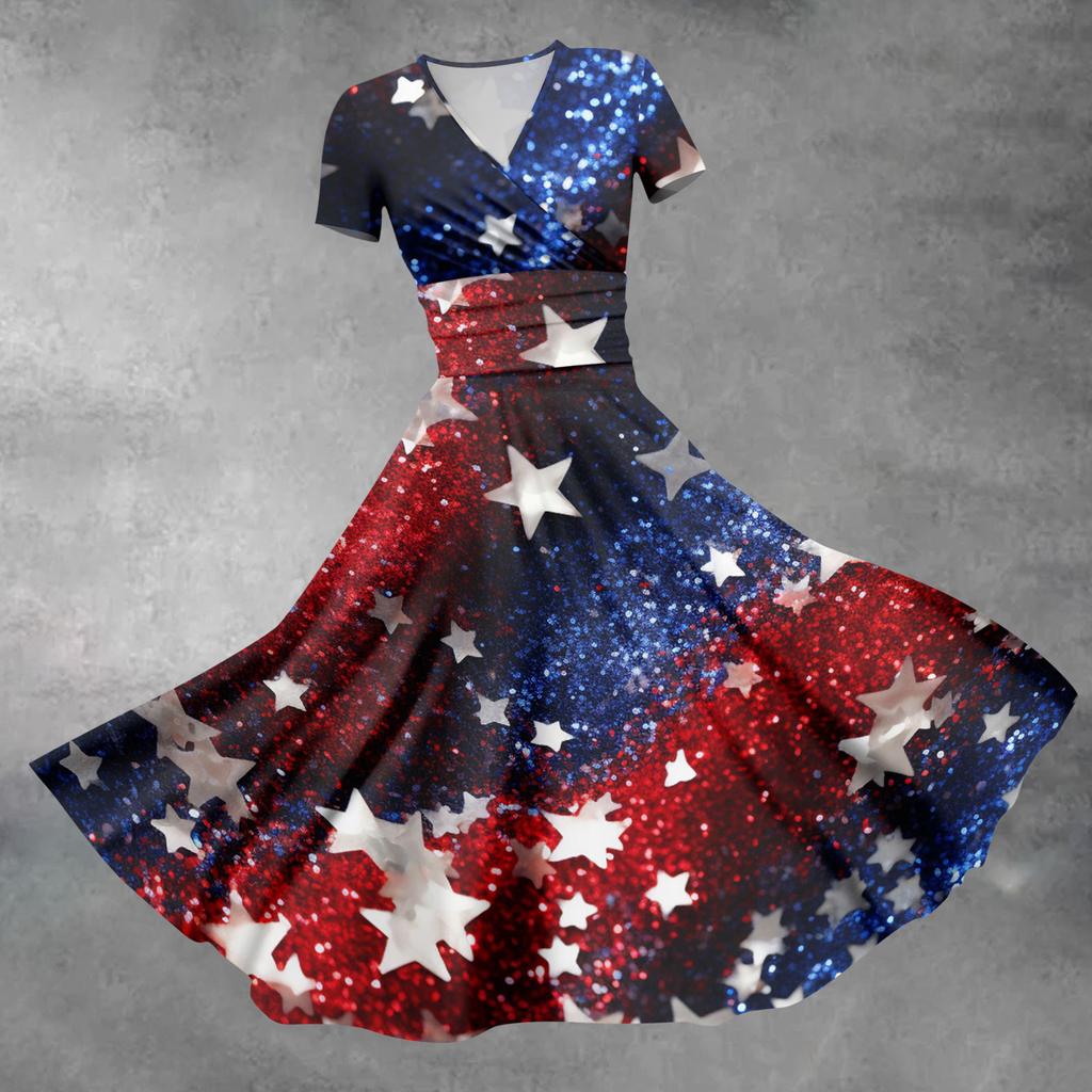 Damenmode Lässiges Independence Day Bedrucktes Kurzarmkleid Elegantes Maxikleid