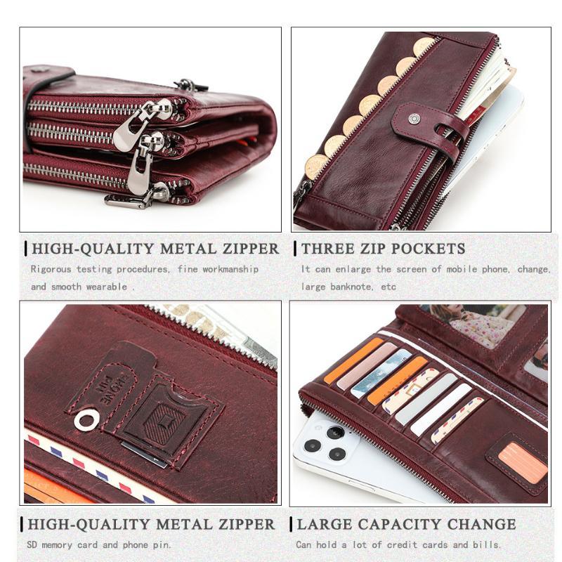 Triple Layer Zipper Women Long Wallet Old Fashioned Genuine Leather Ladies 3 Fold Coin Purse RFID Anti-theft Money Clips Card Holder Bag for Wife Gift