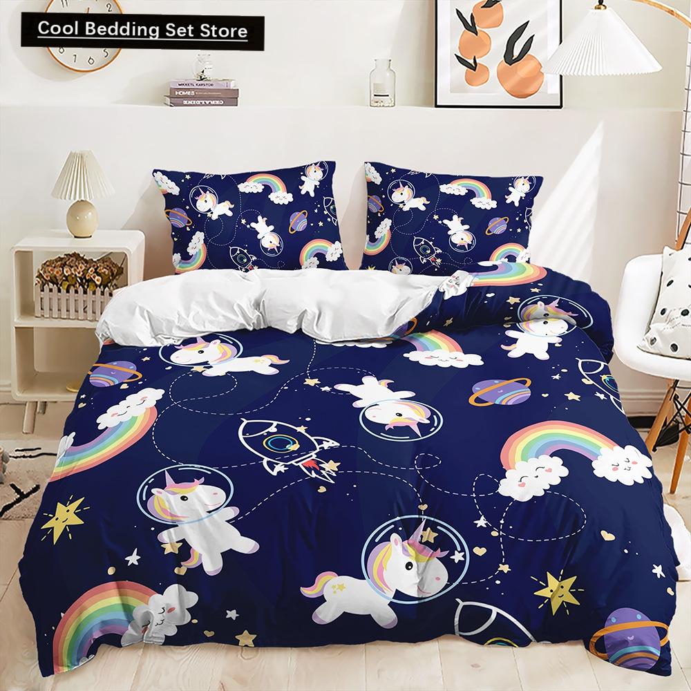 Rainbow Unicorn Bedding Set King Queen Size Rainbow Unicorns Duvet Cover Set with Pillowcase Polyester Bed Linen for Kids Girls