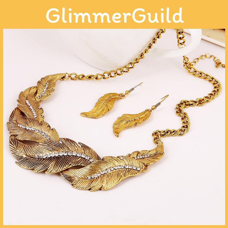 Rhinestone Fashion Decoration Feather Design Women Gold Necklace And Earring Set