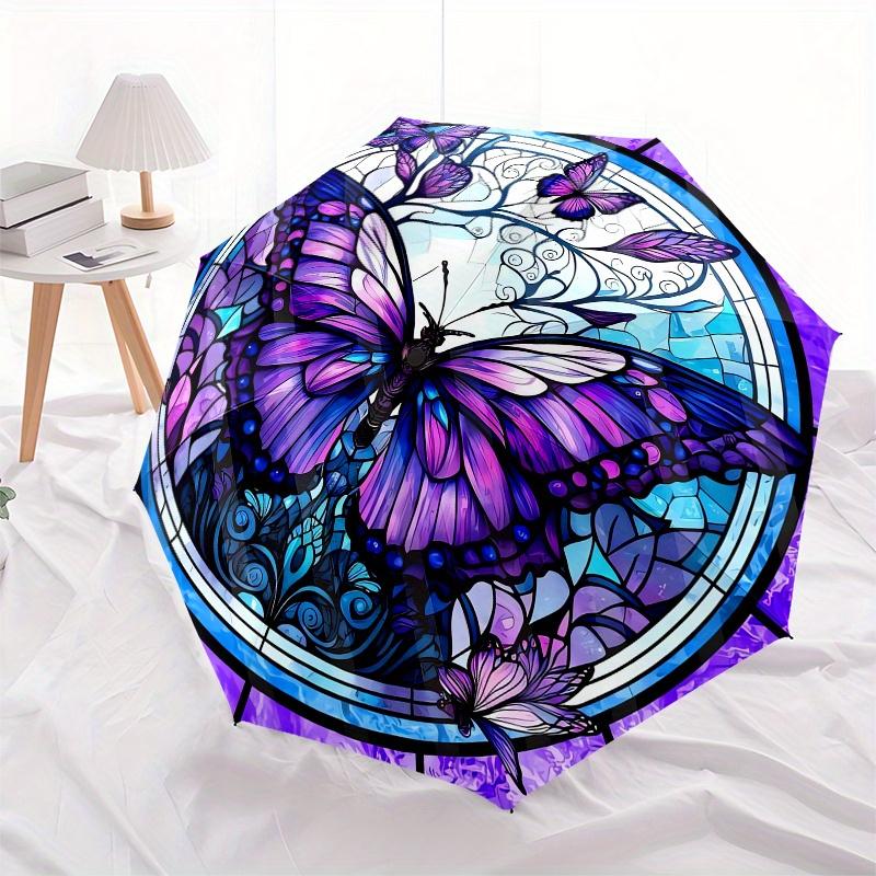 Butterfly Stained Glass Automatic Folding Umbrella 8 Ribs, Durable Iron Frame, Bright Color Pattern Compact Travel Umbrella, Suitable for O