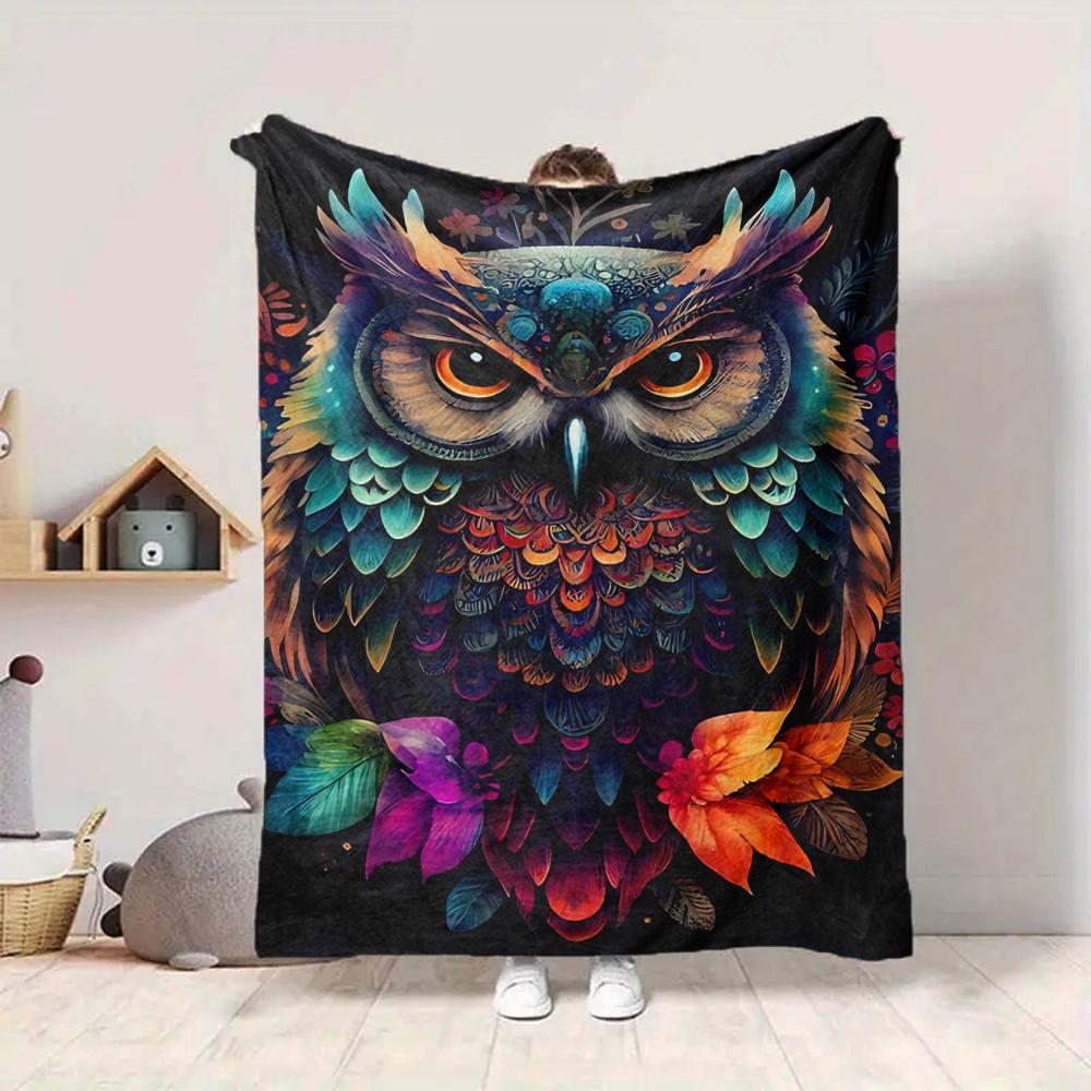 1Pc Colorful Owl Fantasy Flannel Blanket, Soft And Comfortable, Casual Warm, Camping Travel, Christmas, Halloween Xmas Gift. G1107