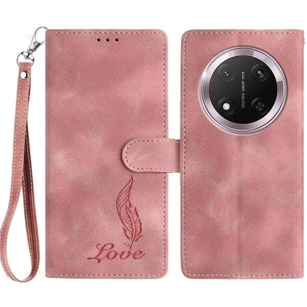 Etui na Honor X9c 5G z nadrukiem pióra, portfel ze skóry PU, pokrowiec na telefon z paskiem na nadgarstek