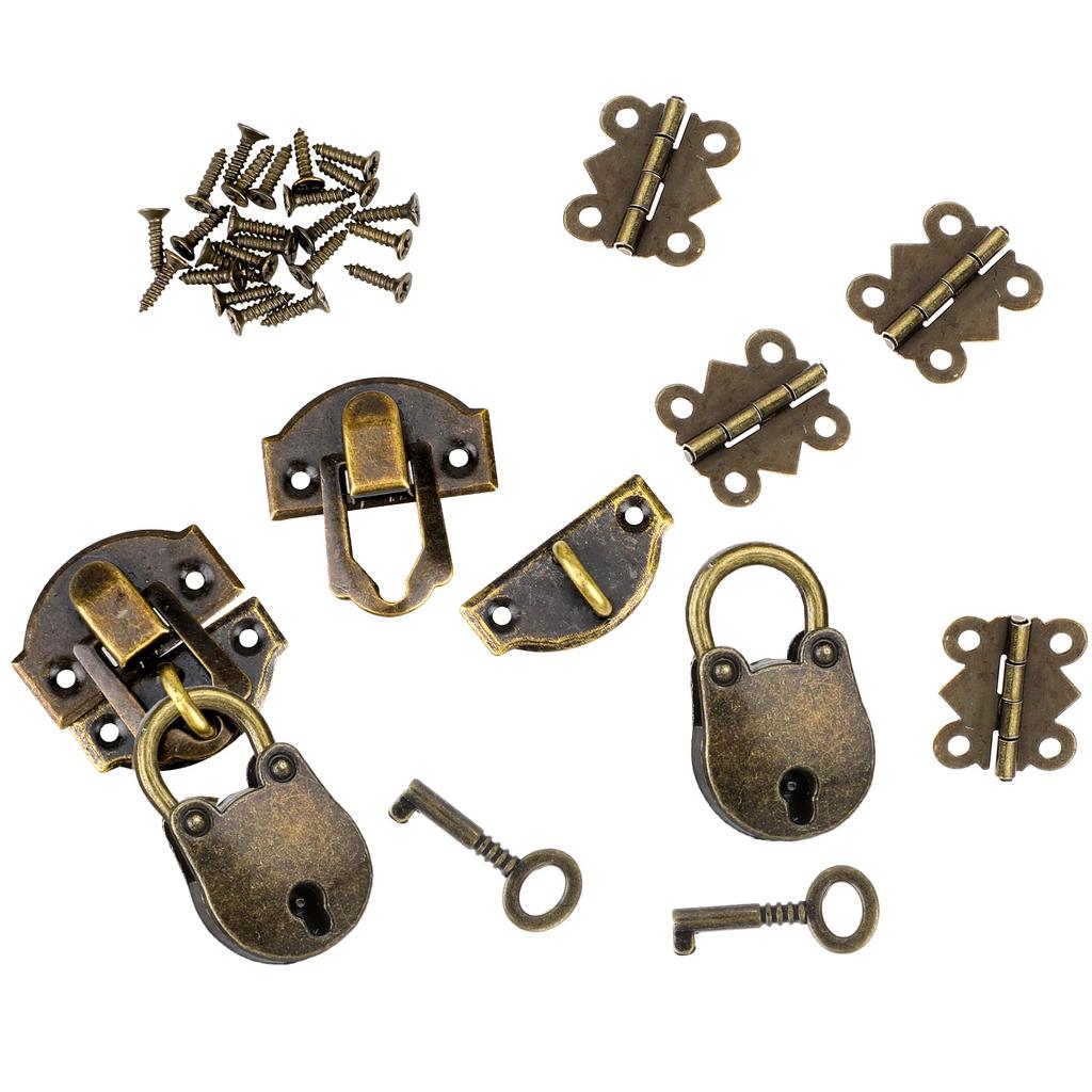 2er-Set Antik-Bronze Riegelverschluss 27 x 30 mm Riegelverschluss Mini-Boxscharniere und Liebesschlösser mit Schlüsseln Dekorative Schloss schnalle mit Schrauben für Schmuck Woo