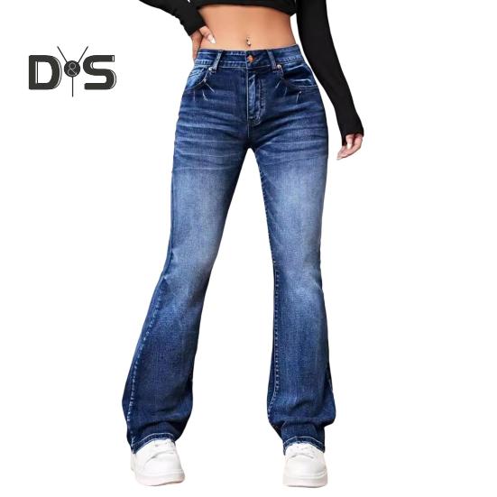 Damjeans Hög midja Utsvängd fåll Knäppning med dragkedja Gradientfärg Lös passform Flera fickor Streetwearbyxor Vardagskläder Långbyxor