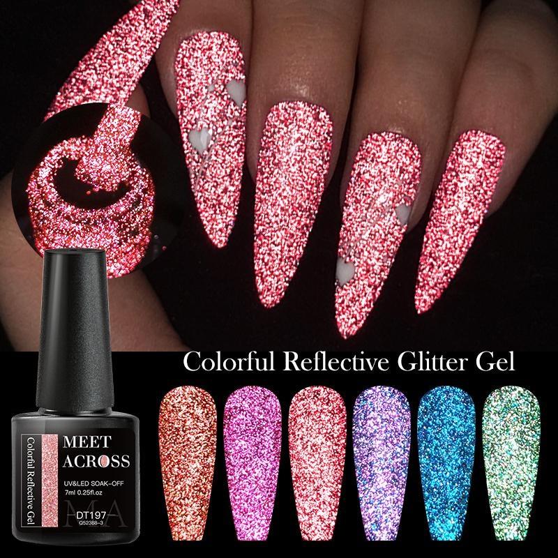 MEET ACROSS 7ml Colorful Reflective Glitter Gel Nail Polish Sparkly Glitter Shimmery Gel Soak Off Gel Polish Manicure Nail Salon Varnish
