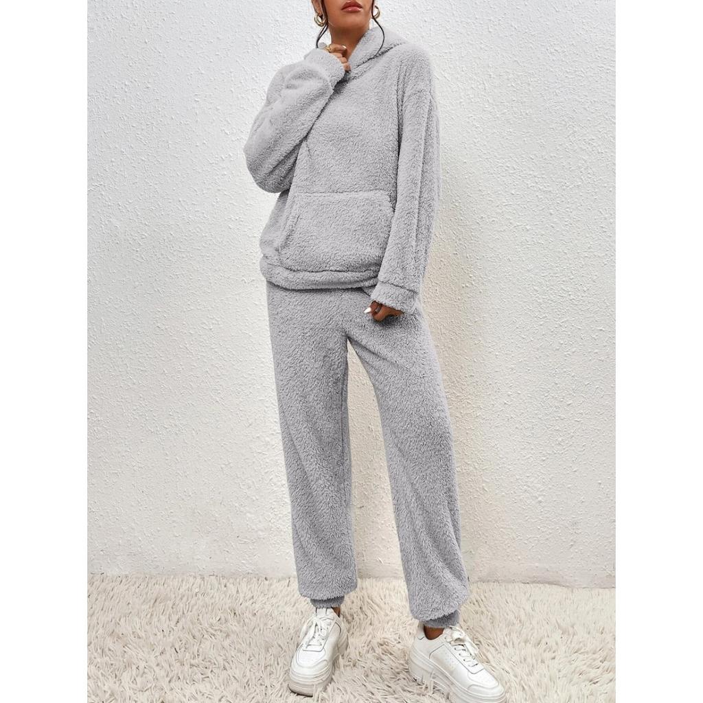 Autumn and Winter Solid Color Women's Clothing, Hooded Long Sleeved Patch Pocket Casual Pants Home Two-piece Set