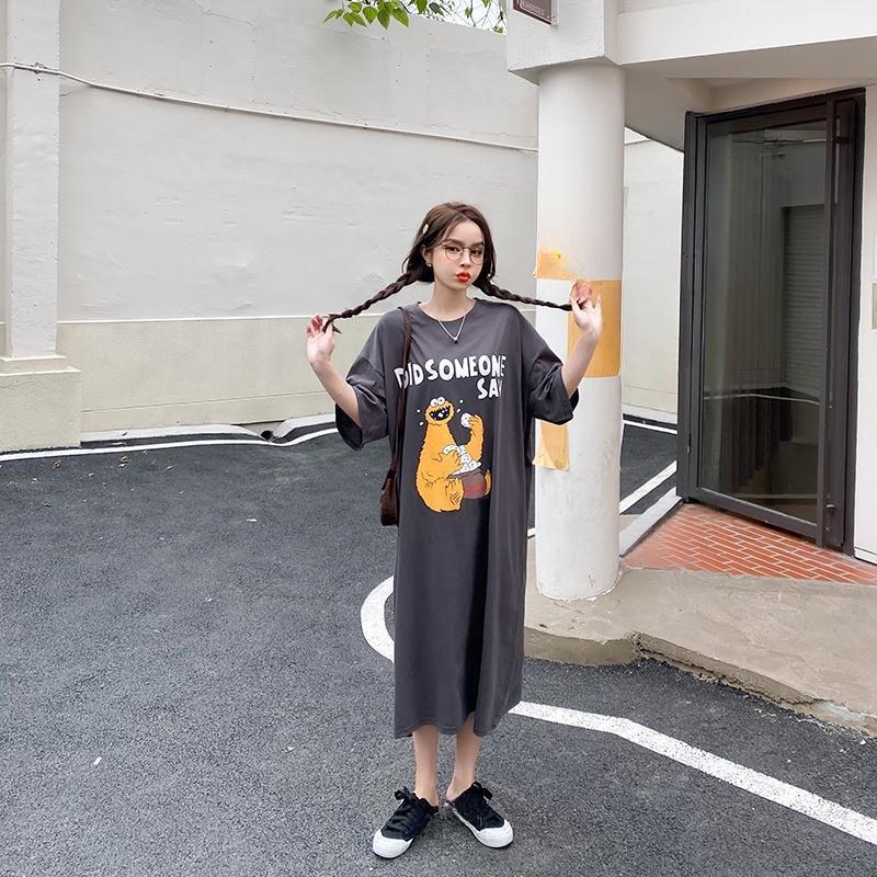 Volné dámské tričkové šaty s kulatým výstřihem a krátkým rukávem ve velké velikosti, dlouhé ležérní šaty, spací šaty ke kolenům