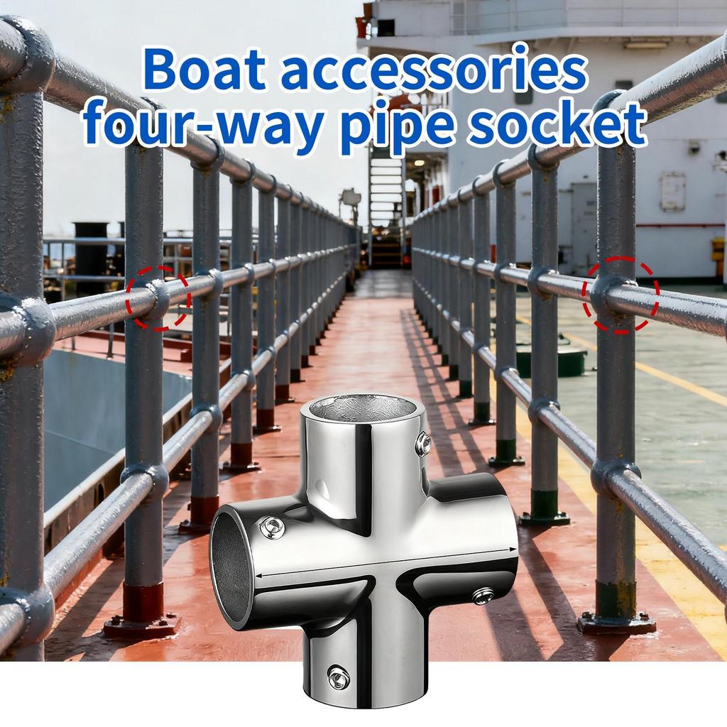 Boat Elbow 4-Way Pipe Fitting Connector Railing Hardware Stainless Steel Adapter Marine Hardware for Yachts Dock Decks Guardrail