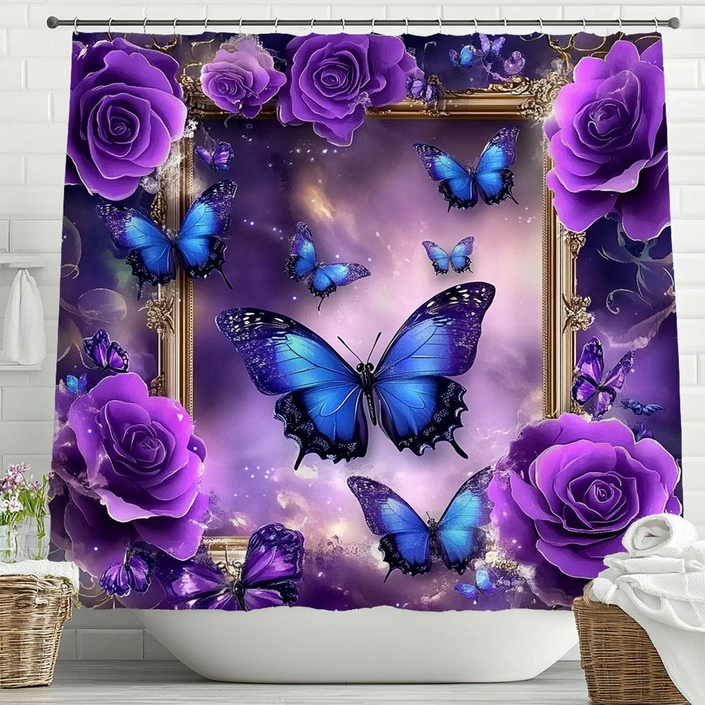 Beautiful Purple Flower Butterfly Style Shower Curtain, Bathroom Decorative Shower Curtain, Waterproof Shower Curtain With Hooks