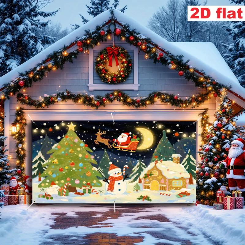 1pc 2D Flat Christmas Party Banner Santa and Snowman Design with Snowy Village Scene No Power Required