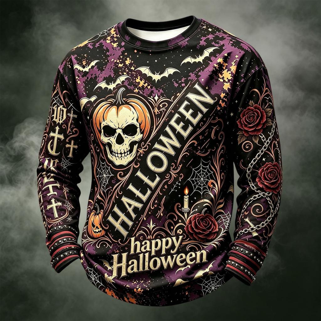 Men's Casual Long Sleeve Crewneck Knit Shirt with Halloween Print