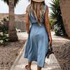 Turn-Down Collar Sleeveless Women Dress Belt Solid Color Single Breasted Denim Midi Dress Ladies Clothing