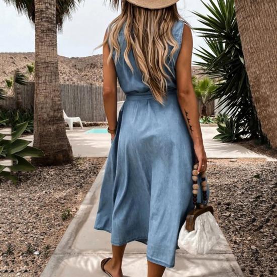 Turn-Down Collar Sleeveless Women Dress Belt Solid Color Single Breasted Denim Midi Dress Ladies Clothing
